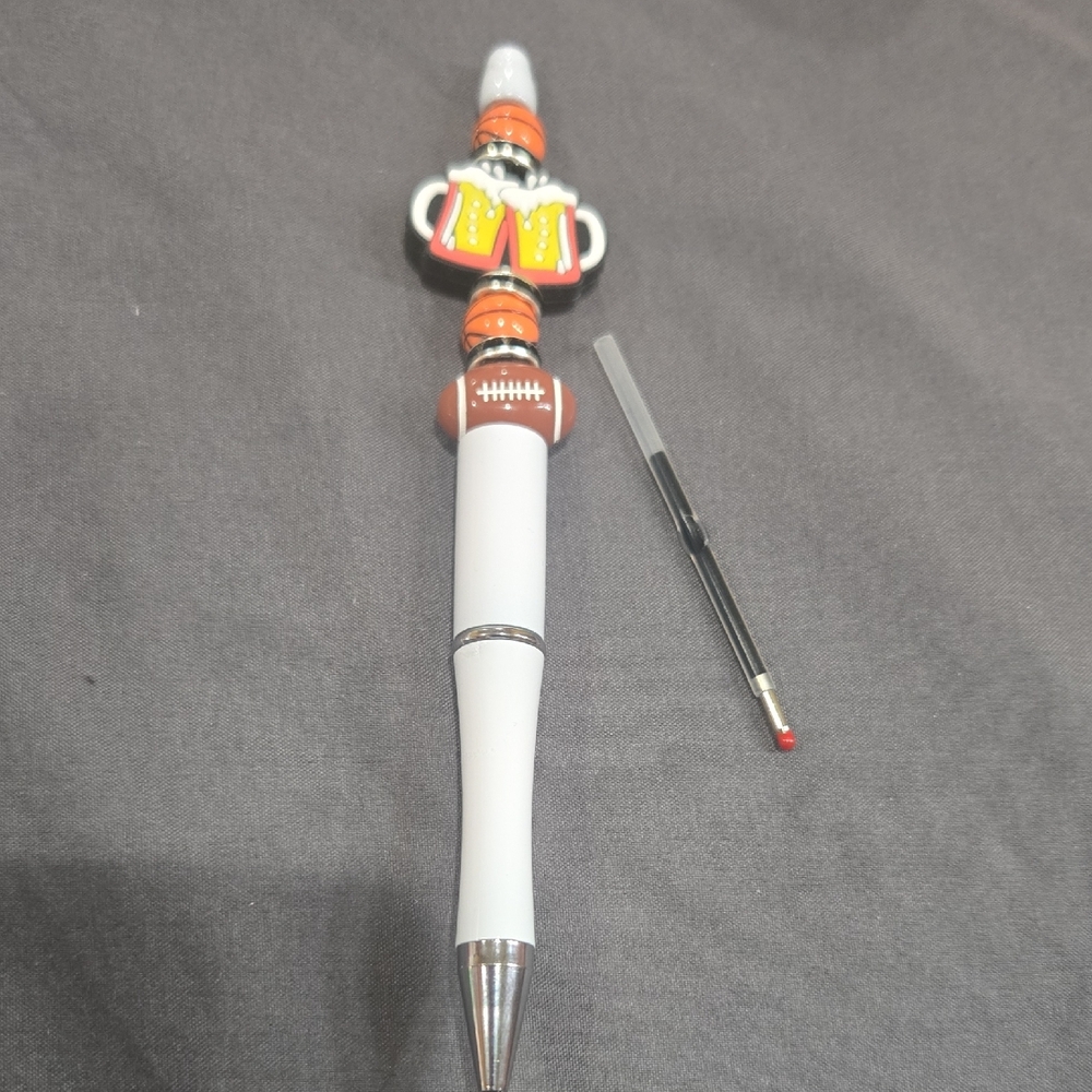 White and Silver Pen with Football and Beer Mug Design